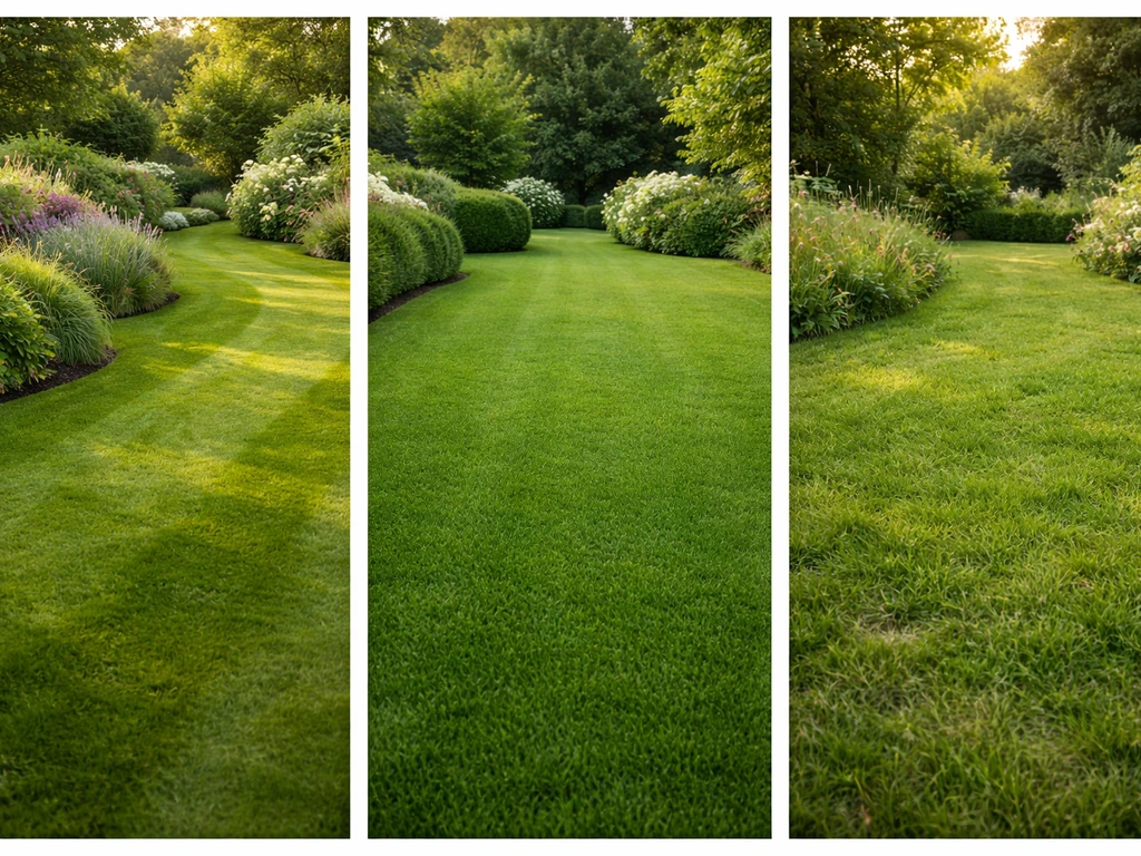 Trois micro-scènes de pelouse en jardin : style anglais, pelouse fine ornementale, et gazon résistant au piétinement.