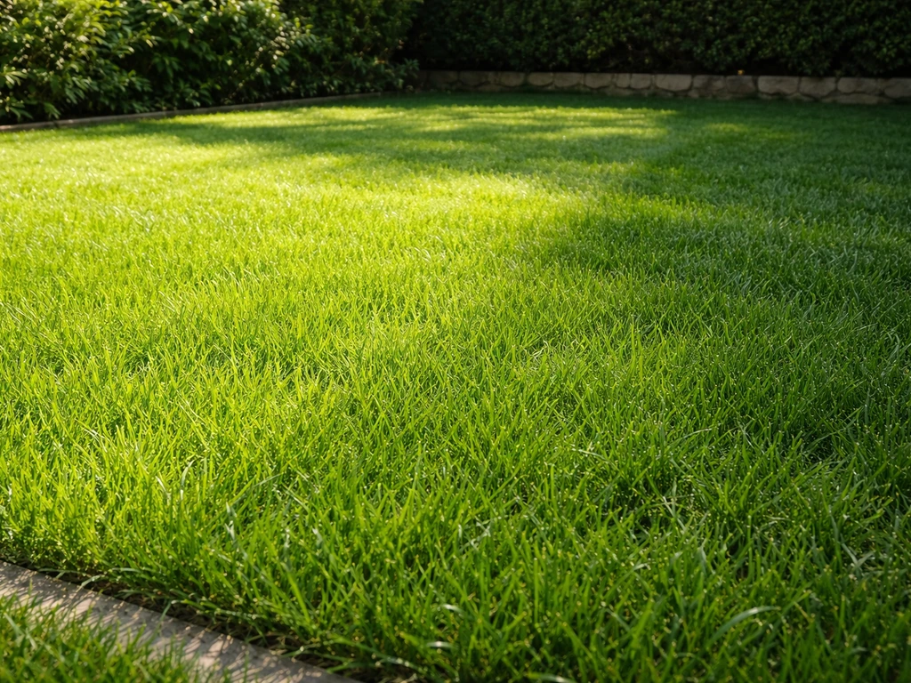 Gazon dense montrant des zones en plein soleil, mi-ombre et ombre partielle dans un jardin.