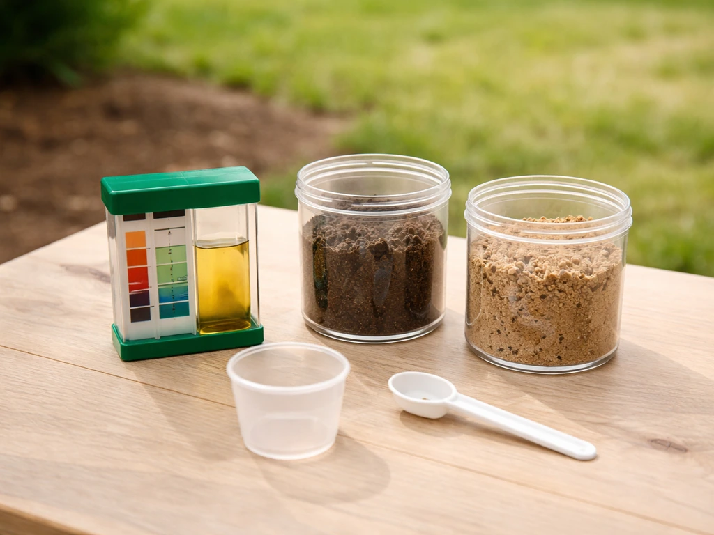 Kit de test du pH du sol sur une table, échantillons de sol argileux et drainant pour préparer une pelouse.