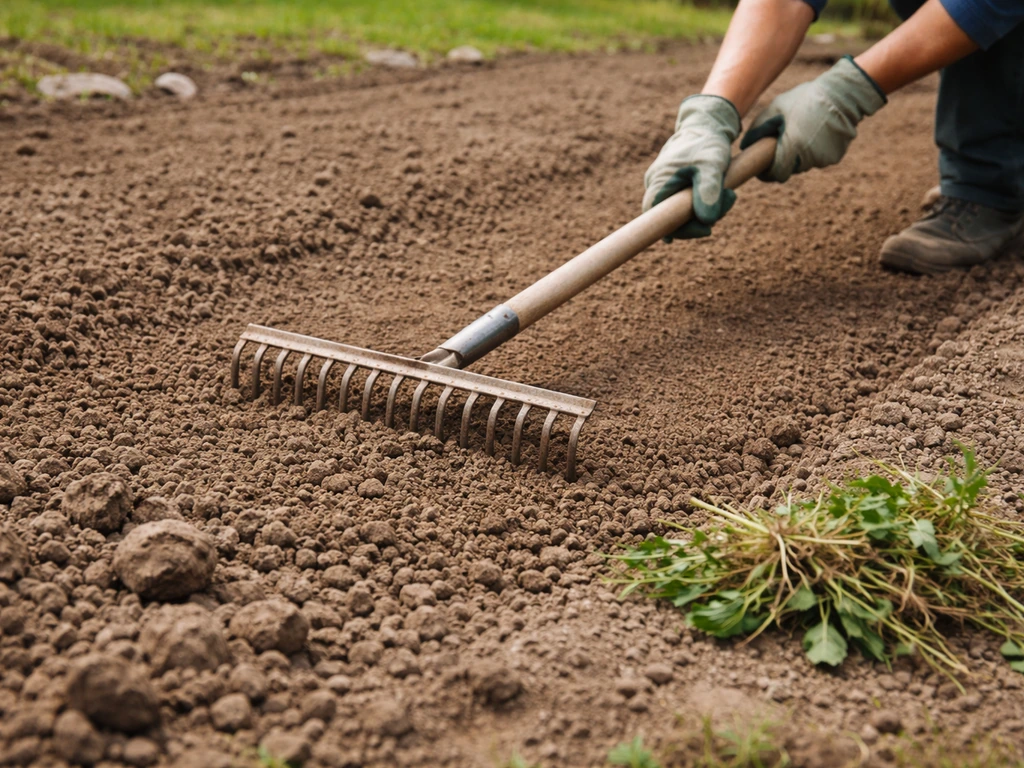 Jardinier prépare la terre avant semis : désherbage, ratissage et nivellement au râteau.