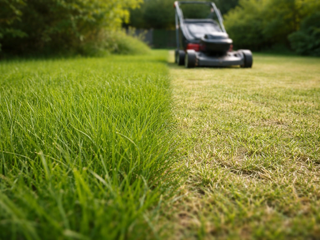 Pelouse divisée en deux : tonte haute à gauche et tonte trop courte à droite, montrant des brins plus denses.