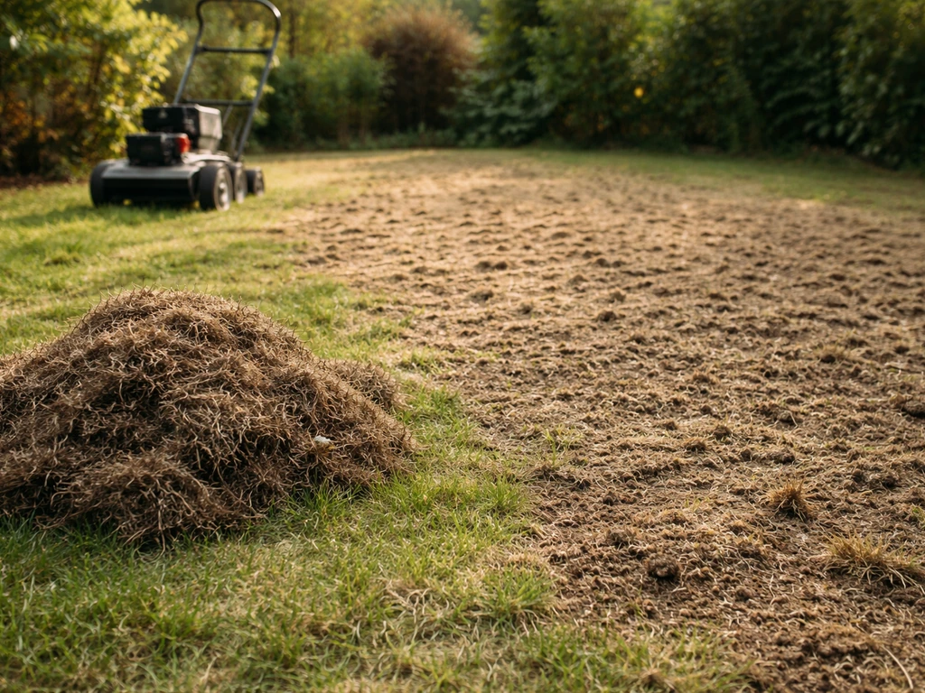 Gazon scarifié avec feutre retiré et sol aéré, prêt pour la régénération