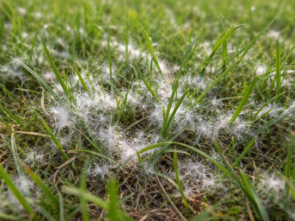 Gros plan d’une pelouse avec feutrage poudreux gris-blanc typique de l’oïdium