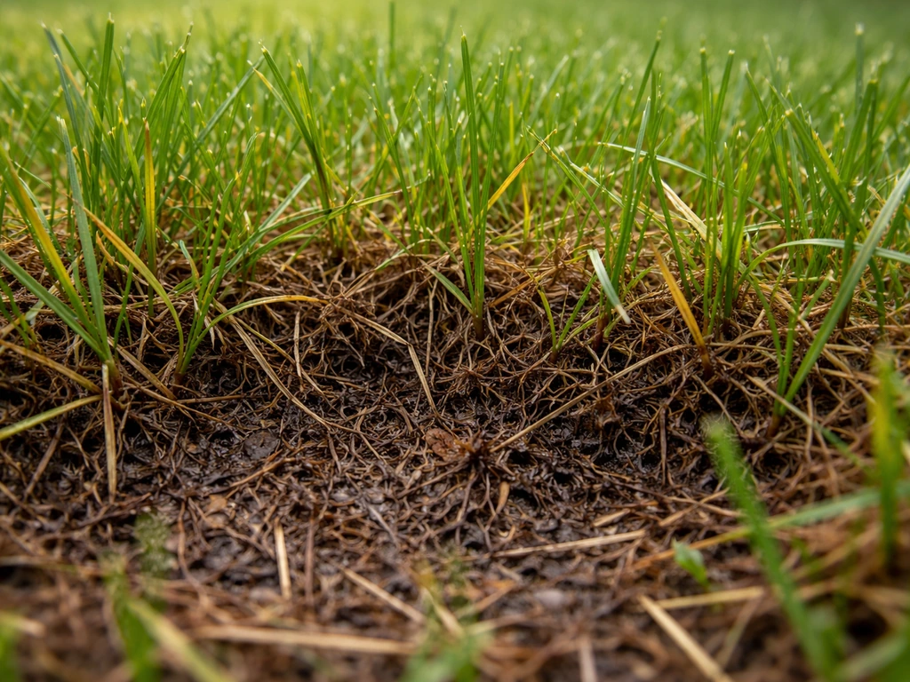 Gros plan d’une pelouse montrant un chaume épais et une humidité de surface entre les brins