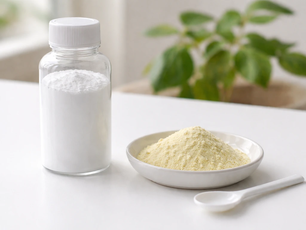 Flacon de bicarbonate et poudre de soufre micronisé, posés sur une table, prêts à traiter l’oïdium.