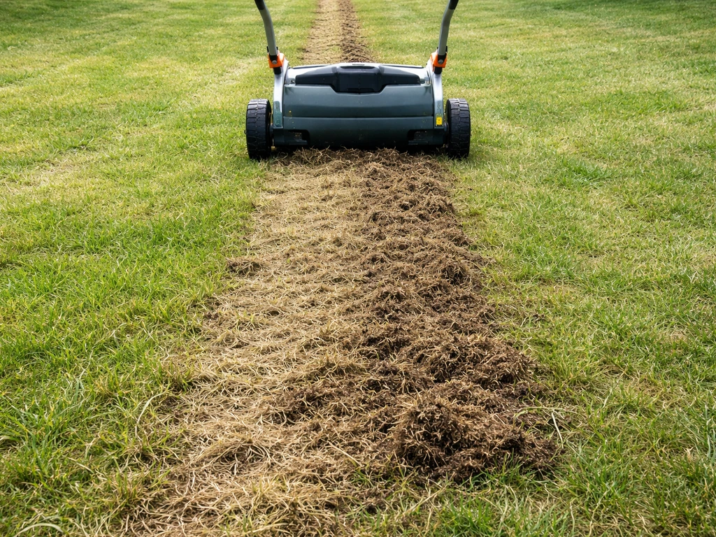 Scarification d’une pelouse : une machine soulève le feutrage et aère la surface, bande de sol dégagée.