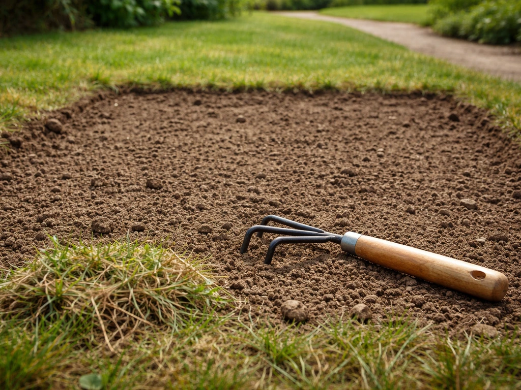 Sol désherbé et nivelé pour installer du Cynodon, avec outils de jardin au premier plan.