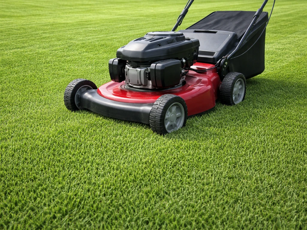 Tondeuse réglée bas sur une pelouse dense de cynodon, herbe coupée à environ 2 à 3,5 cm.