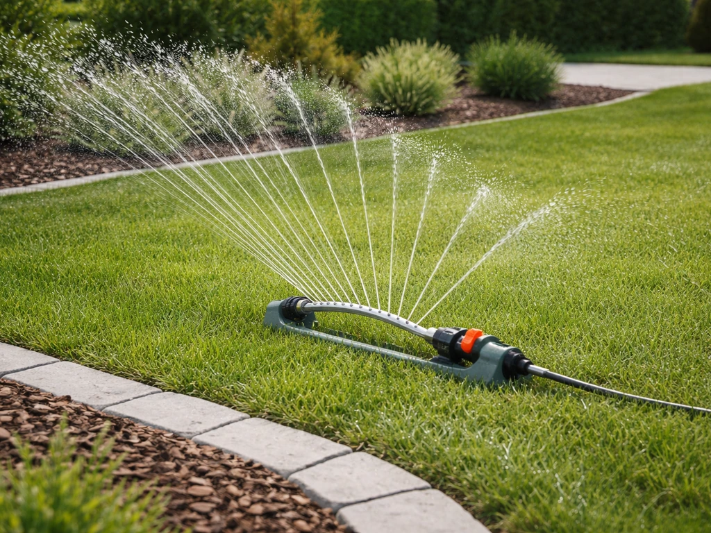 Arroseur en action sur une pelouse humide, bordure de jardin visible, arrosage maîtrisé.