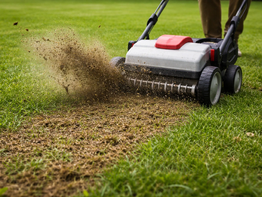 Scarificateur en action sur un tapis de gazon, feutre/chaume projeté puis regarnissage au sol