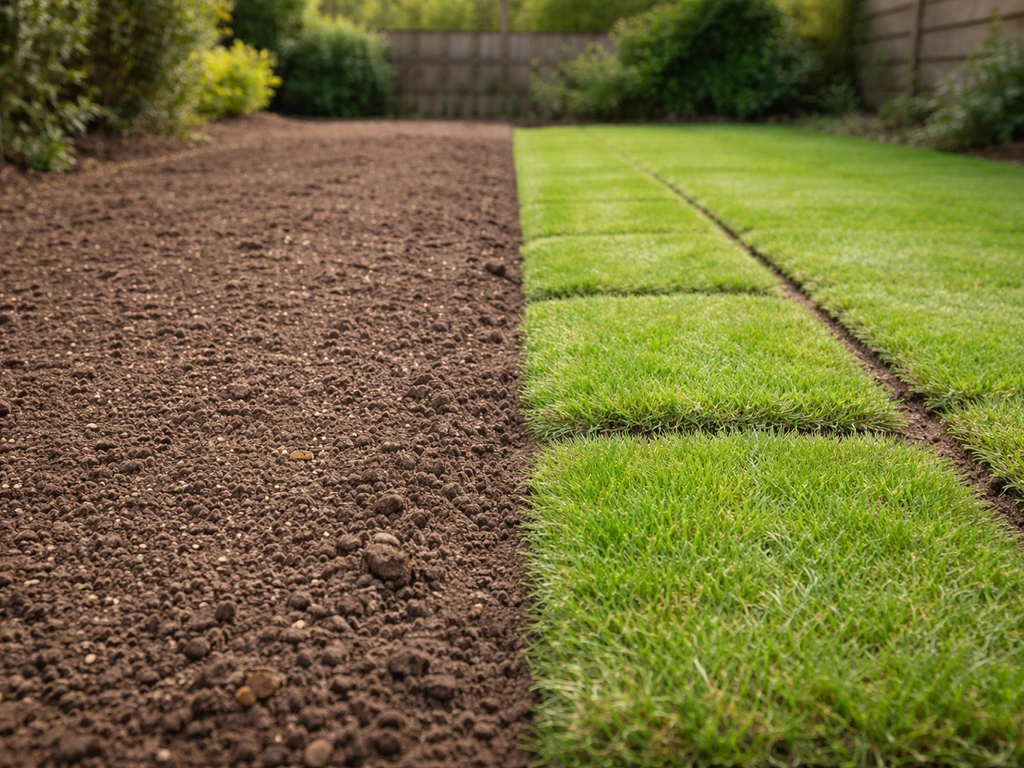 Jardin avec deux zones côte à côte : l’une en semis fraîchement travaillée, l’autre en plaques de gazon posées.