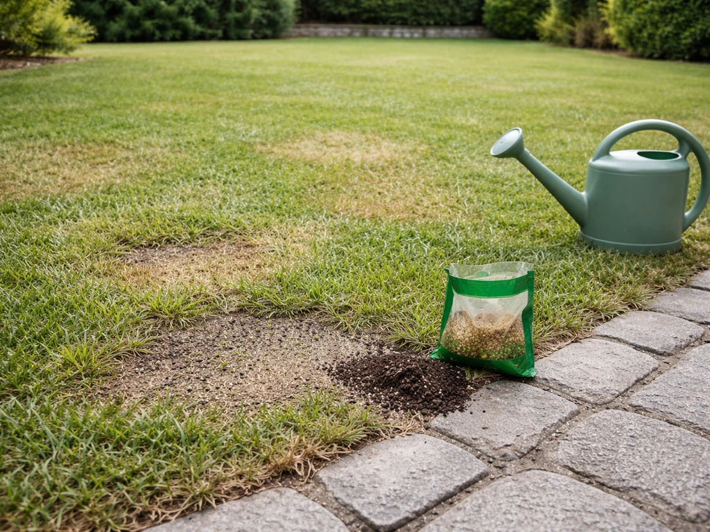 Gazon Zoysia jaunissant par endroits, bordures irrégulières, graines et terreau près des zones à ressemer.