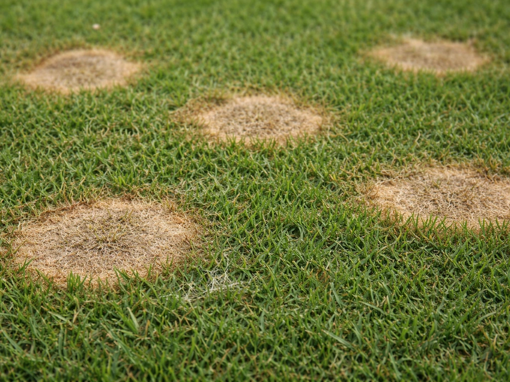 Gazon atteint de la dollar spot : petites taches beige rondes bien délimitées, avec discrets filaments blanchâtres.
