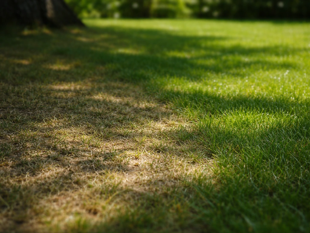 Gazon jaunissant et clairsemé sous l’ombre d’un arbre, à côté d’une zone plus verte et dense.
