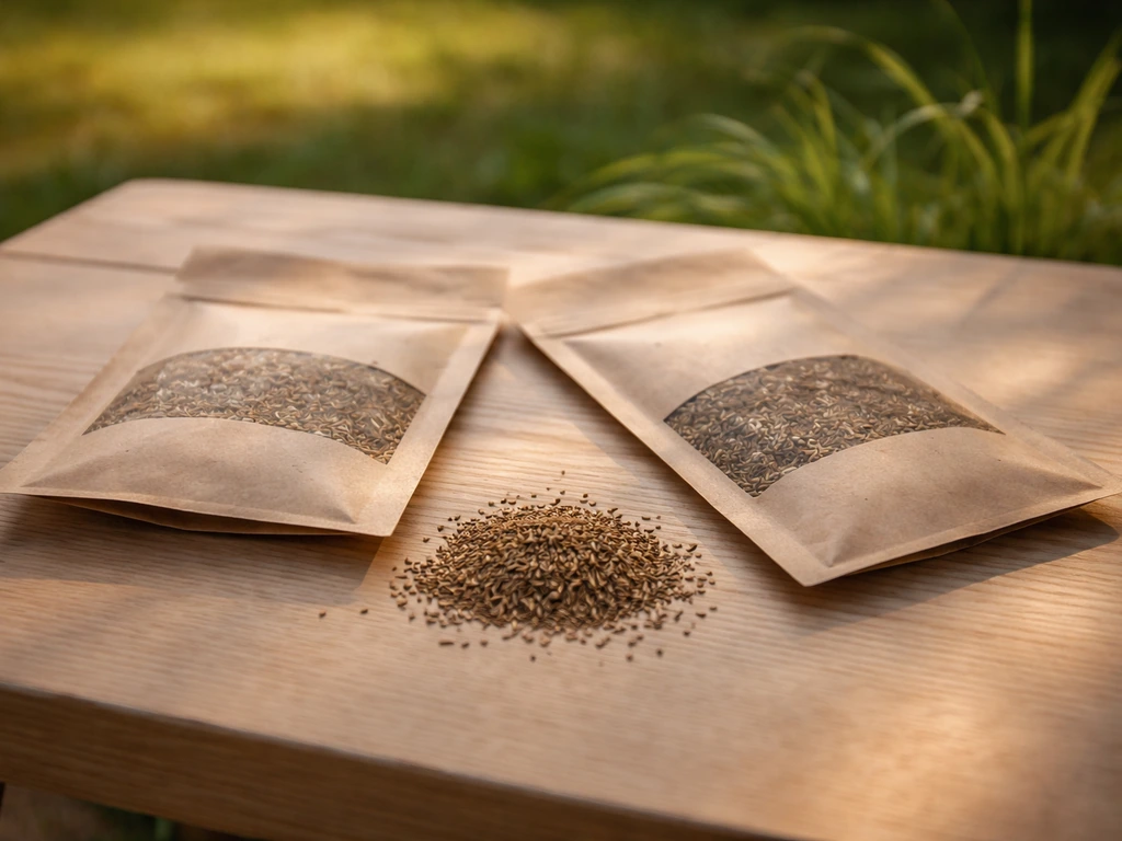 Sachets de semences et petit tas de graines prêts pour un regarnissage à l’ombre, en lumière naturelle.
