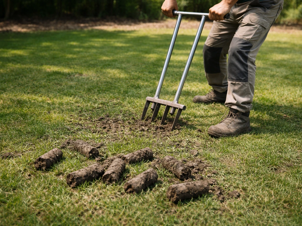 Aération d’un gazon compacté : des fourches creuses retirent des carottes de terre de 8 à 10 cm.
