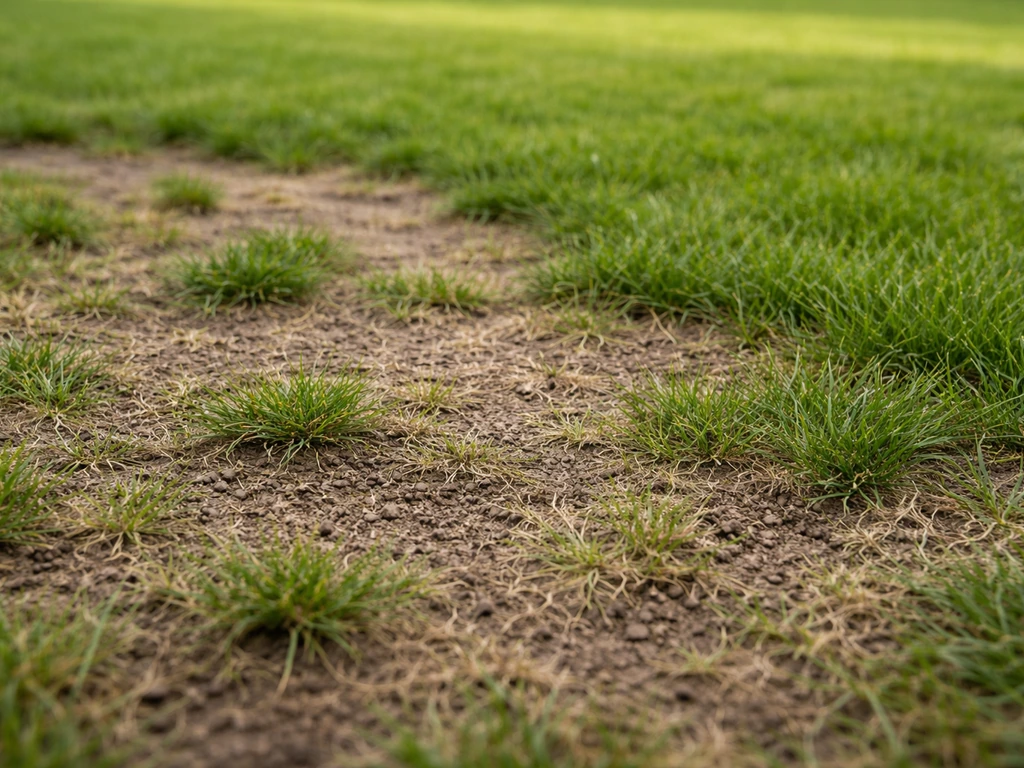 Gros plan sur une pelouse clairsemée : herbe rase et densité irrégulière entre deux zones distinctes.
