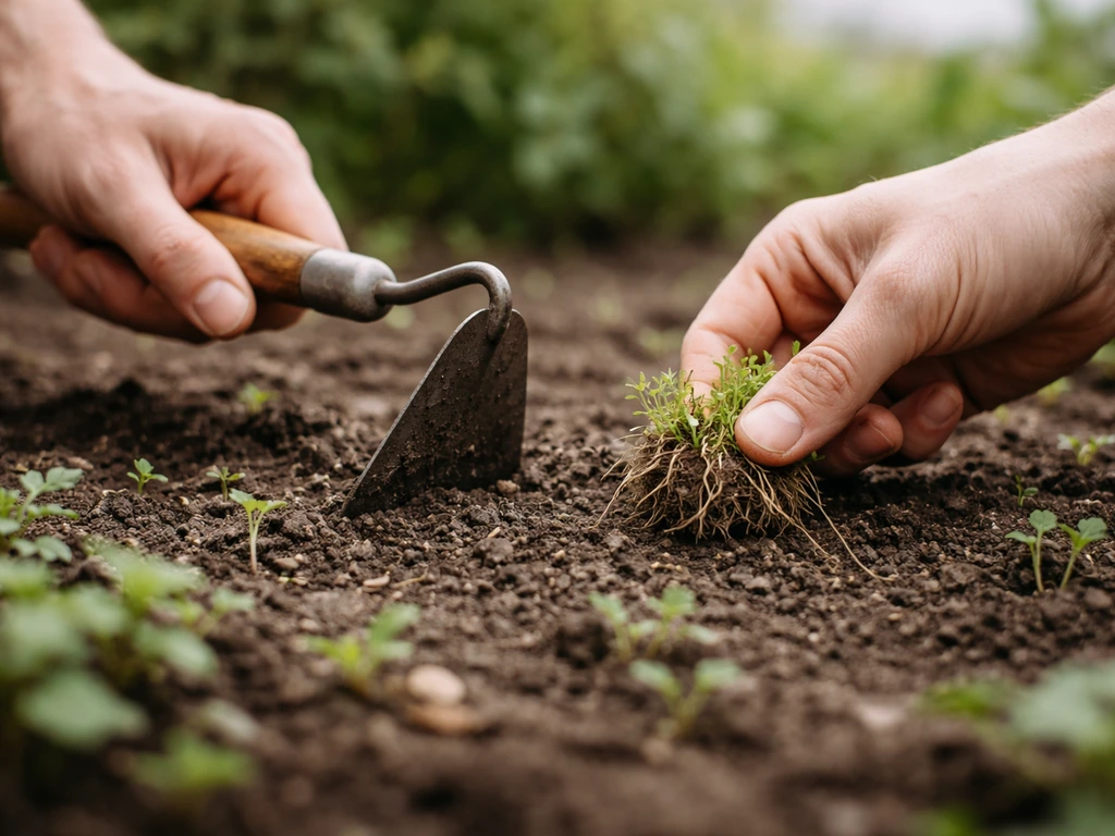 Désherbage manuel minutieux dans une parcelle, retrait de plantules près du sol avec un petit outil
