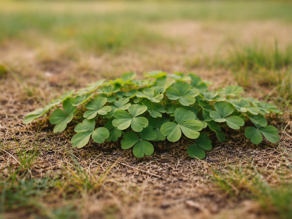 Touffe d’oxalide rampante au milieu d’une pelouse clairsemée, feuilles à trois folioles visibles.