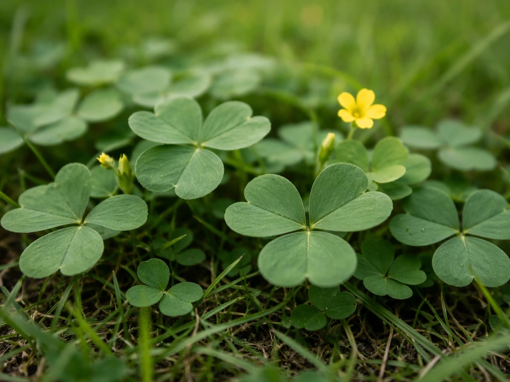 Gros plan de feuilles en forme de cœur à trois folioles avec encoche centrale et petites fleurs jaunes d’oxalide