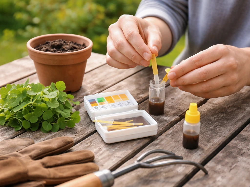Mains anonymes testant le pH avec un kit et des feuilles d’oxalide sur une table de jardin.
