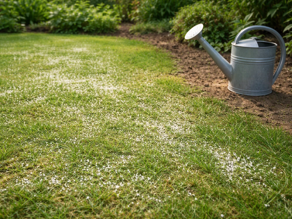 Épandage de calcaire sur une pelouse, grains visibles, arrosoir à proximité, vue au sol