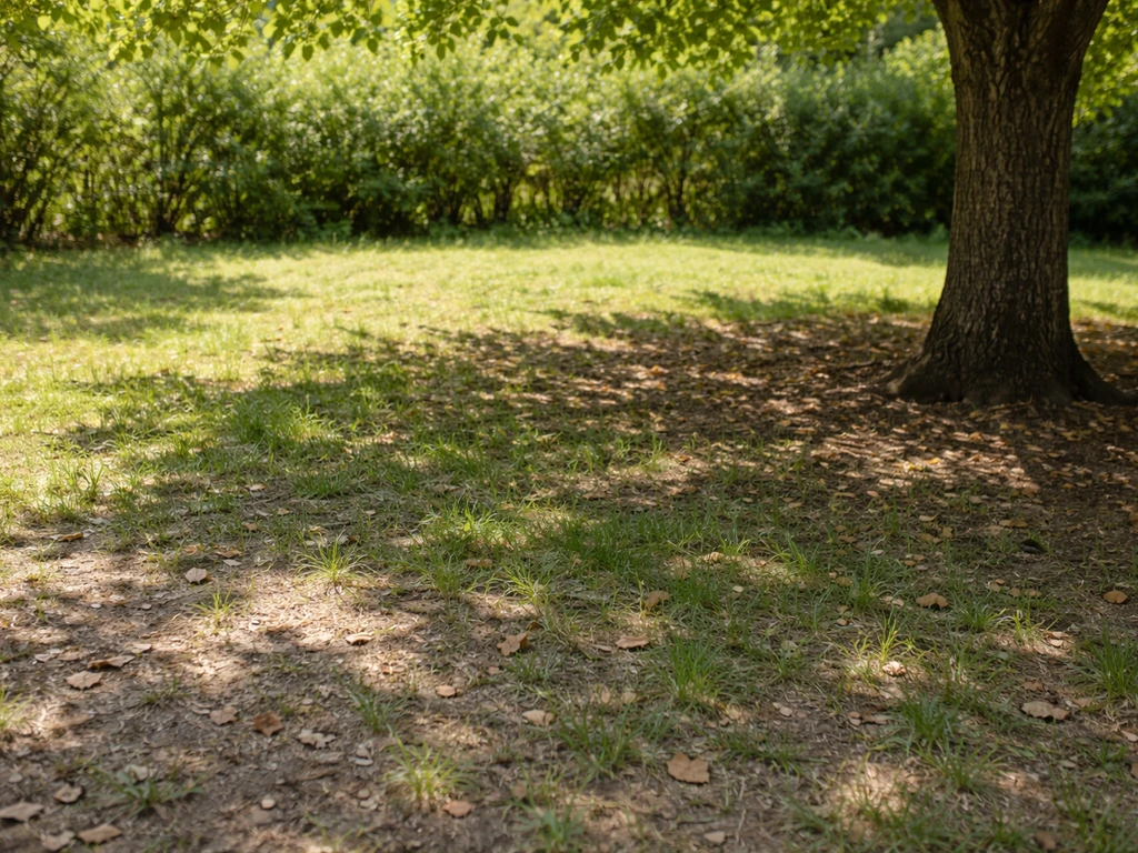 Pelouse clairsemée sous un arbre, contraste d’ombre légère et ombre plus dense dans le jardin