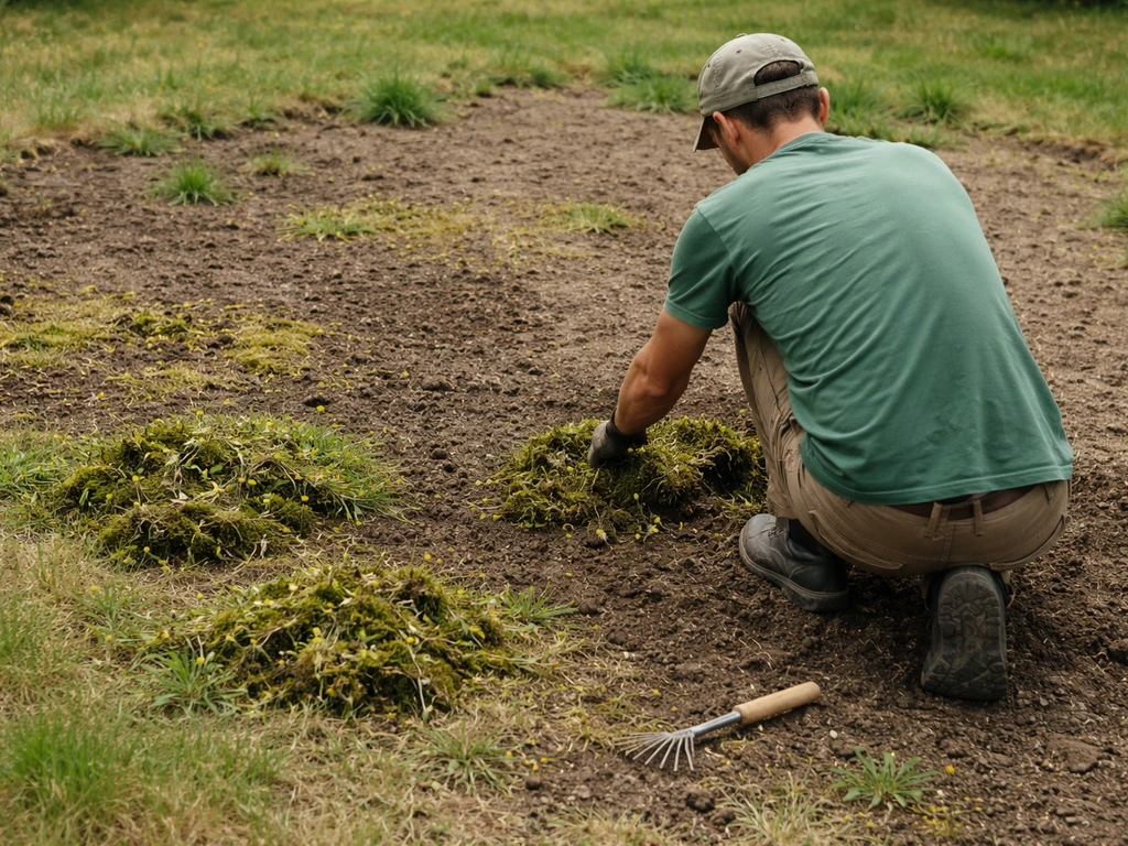 Jardin mis à nu : mousse et mauvaises herbes retirées, sol préparé avant regarnissage