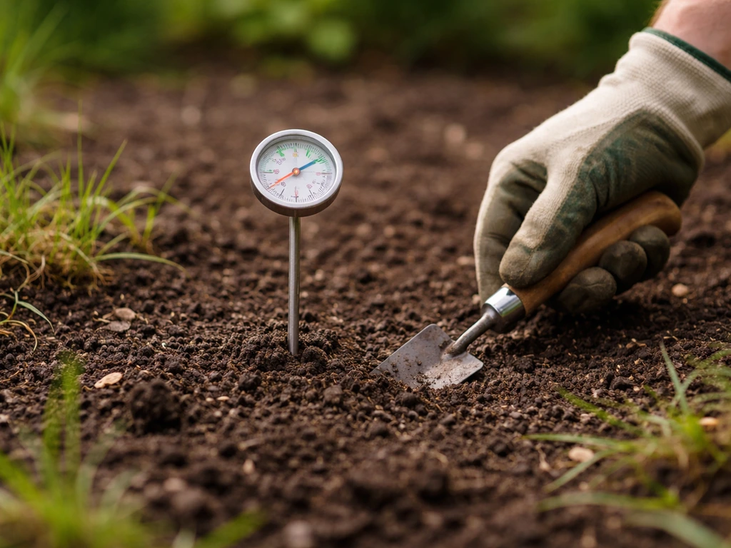 Thermomètre de sol dans la terre, main gantée vérifiant la température avant de regarnir le jardin.