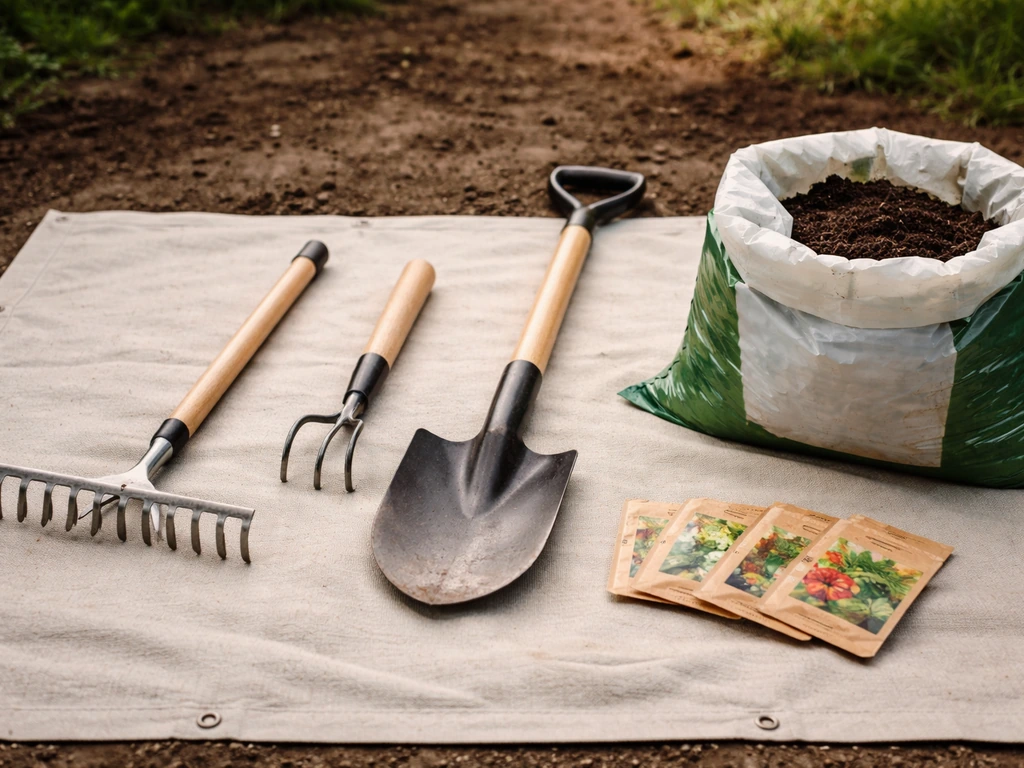 Outils de jardin et sachets de semences posés sur une bâche, prêts pour préparer le sol.
