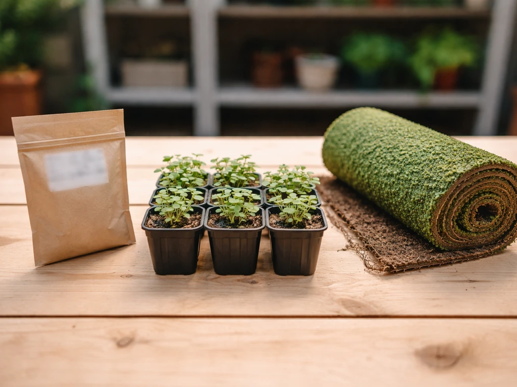 Trois vues de Dichondra : sachet de graines, plants en godets et rouleau de gazon pré-cultivé, sur table en bois.