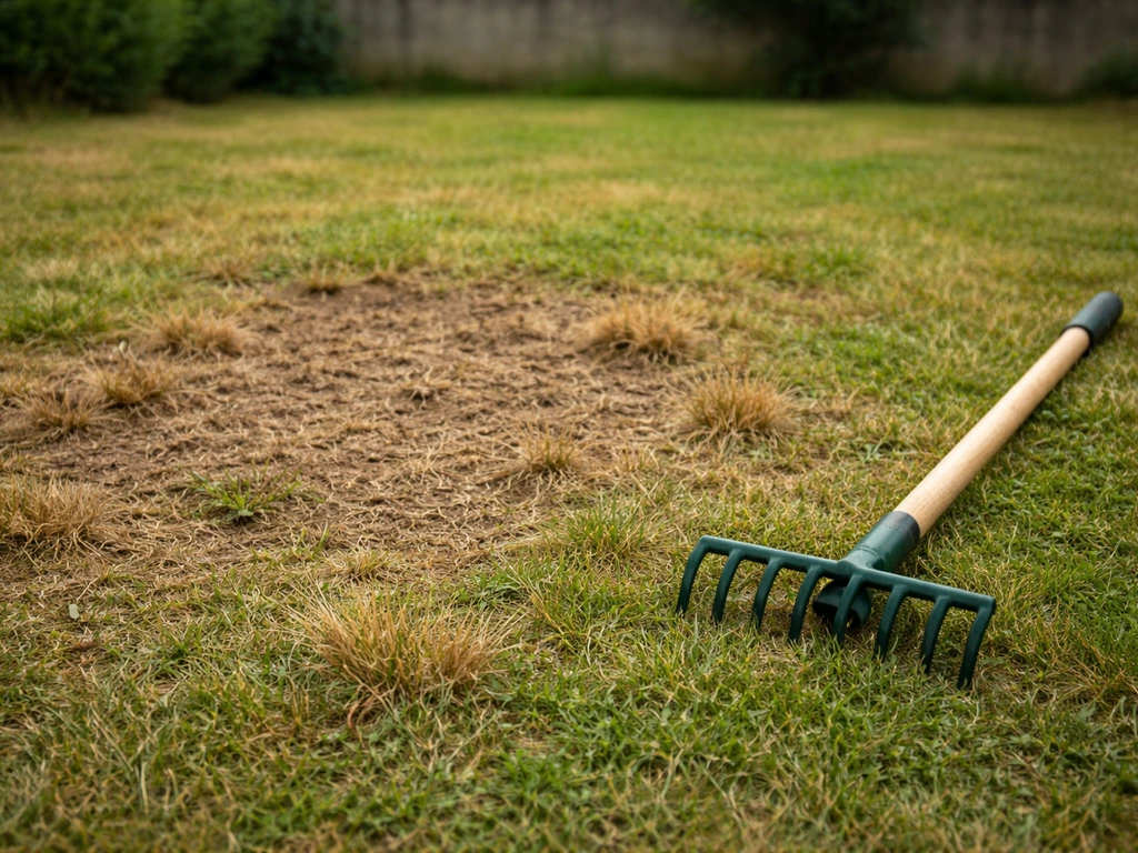 Pelouse clairsemée avec terre visible et un outil de jardin posé, prête pour scarification et regarnissage.
