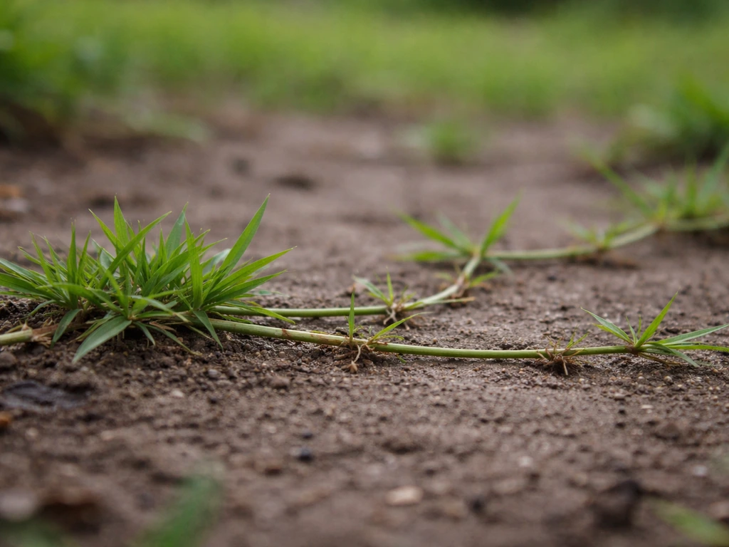 Gros plan au sol de kikuyu, stolons rampants et feuilles fines vertes sur une terre légèrement humide.