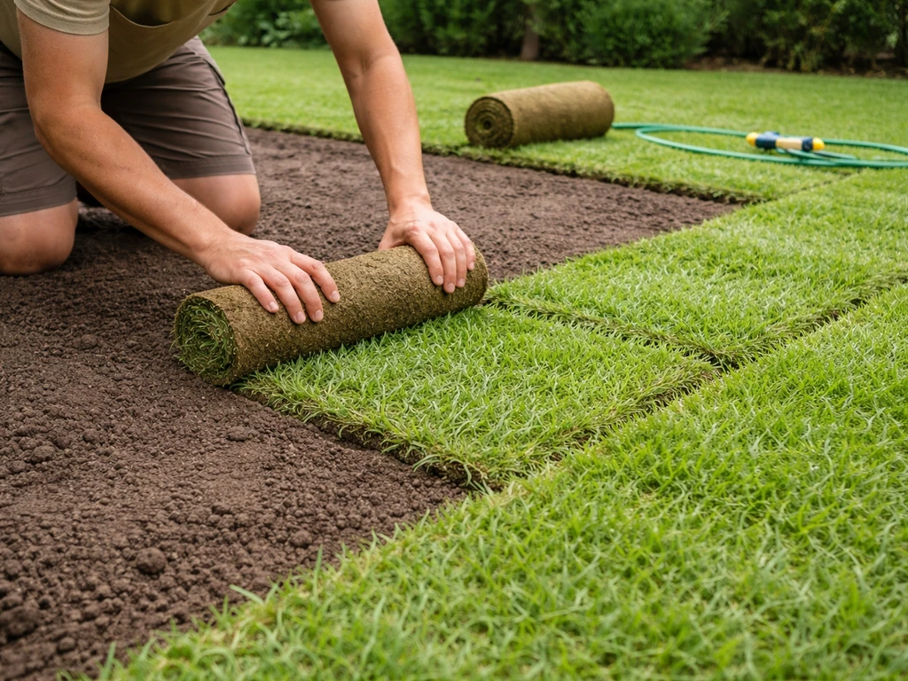 Plaques de gazon kikuyu prêtes à poser, alignées sur un sol préparé dans un jardin, mains anonymes visibles.