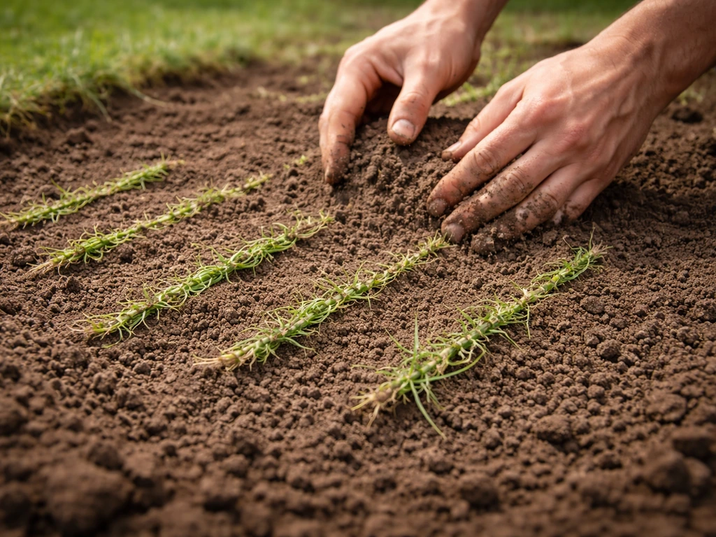Des boutures de stolons de gazon placées sur un sol préparé, légèrement recouvertes de terre, vue rapprochée.