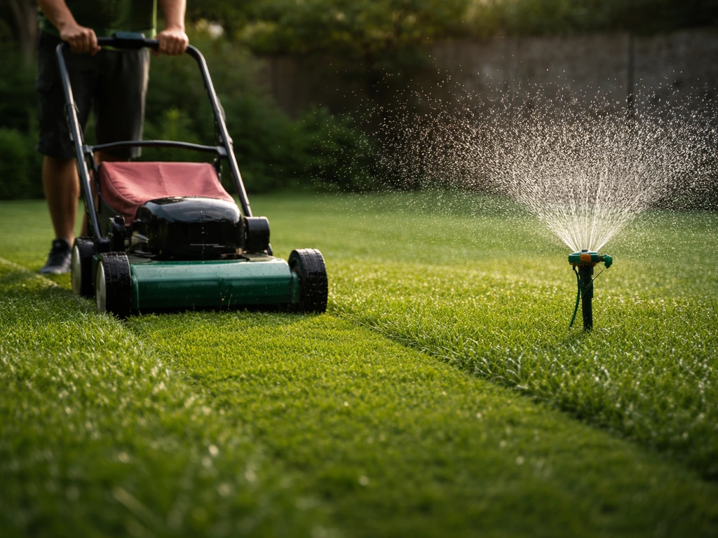 Pelouse de kikuyu arrosée et tonte en saison chaude, avec un outil de jardinage près d’une pelouse verte.