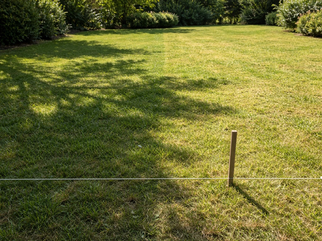 Pelouse avec zones mi-ombre marquées au sol, ombres portées et ensoleillement observé pour choisir les bons semis.