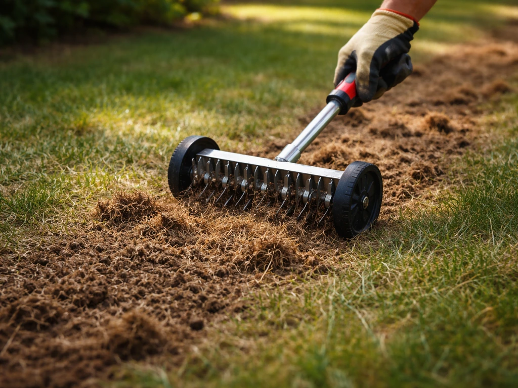 Jardinier passant une griffe/aérateur sur la terre, feutrage délogé, surface émiettée prête à semer.