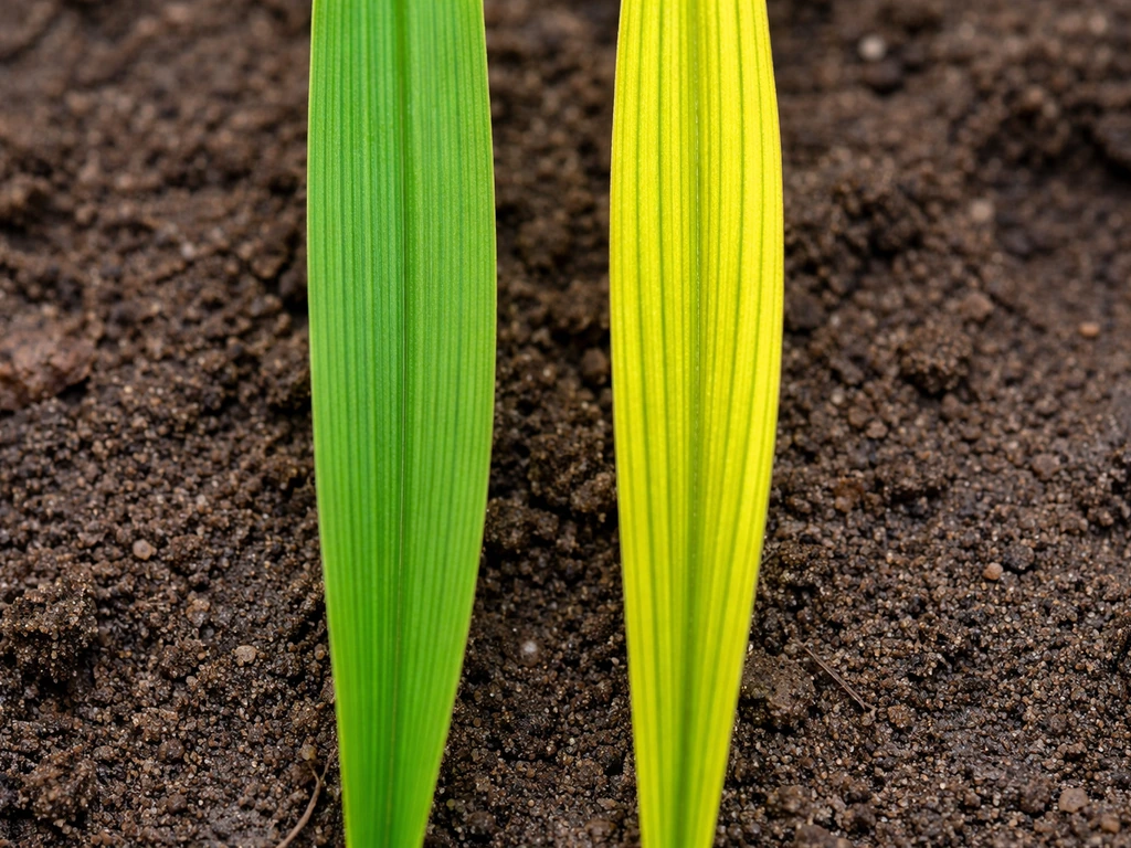 Comparaison de deux brins de gazon : nervures vertes et limbe jauni, illustrant une chlorose ferrique.