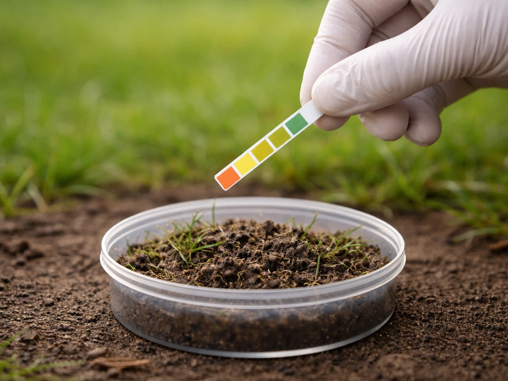 Une bandelette de test pH sur un prélèvement de terre de gazon, en extérieur, lumière naturelle.