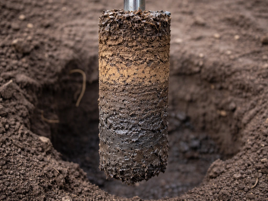 Carotte de sol prélevée sur 15–20 cm, coupe montrant une profondeur sombre gris-bleuté et sol compact/engorgé.