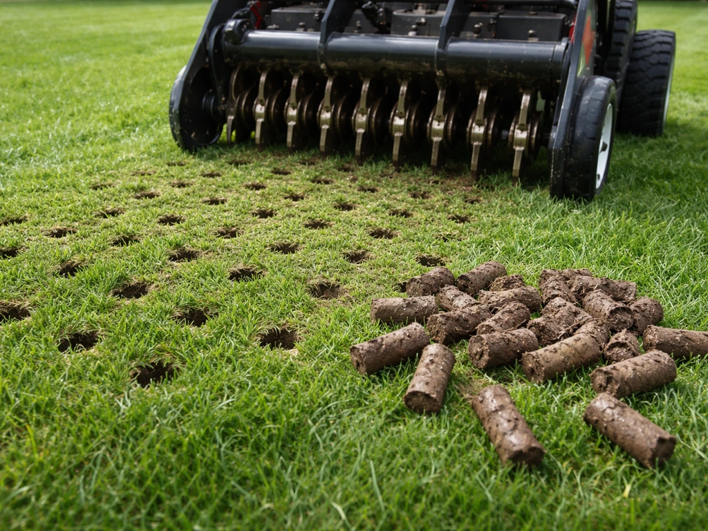 Décompacteur à carottes sur un gazon, des cylindres de terre retirés pour améliorer le drainage et réduire la compaction