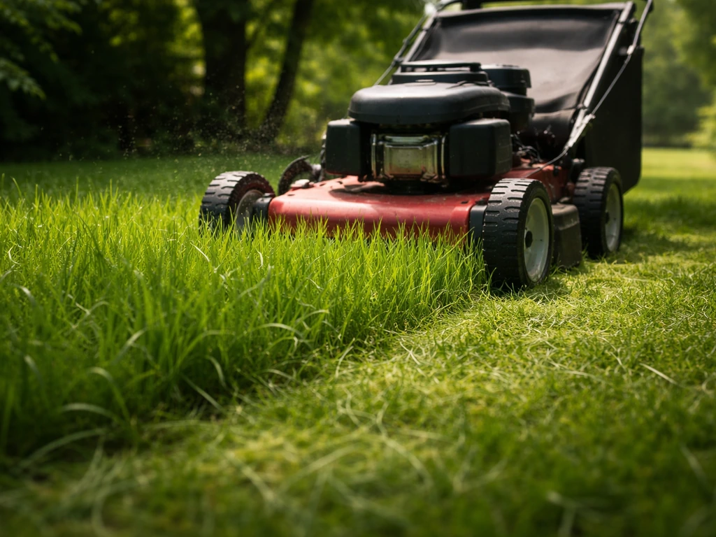 Une tondeuse coupe un gazon ombragé avec une herbe plus longue, herbes coupées visibles près des roues.