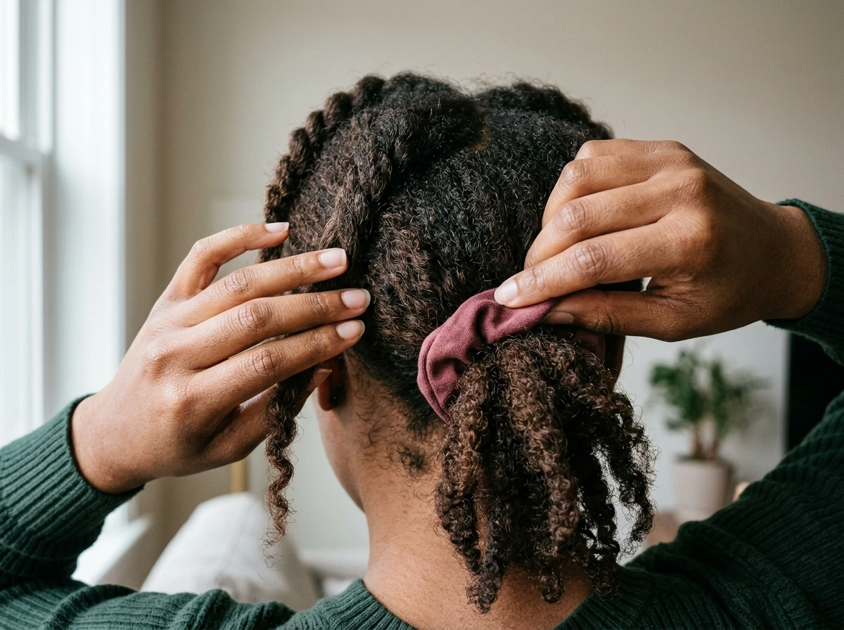Tug-free loose ponytail setup before styling to reduce scalp tension