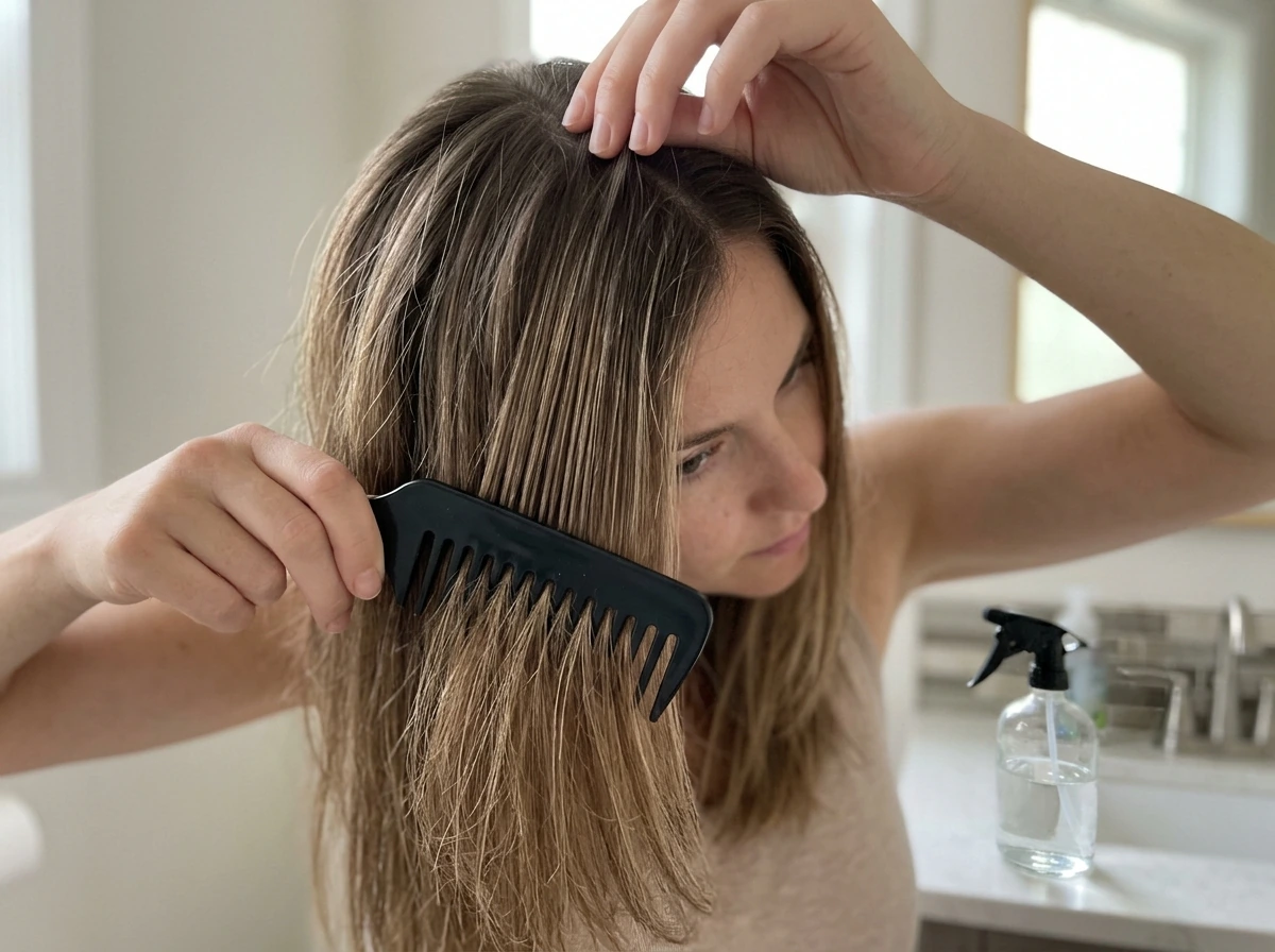Straight hair detangling with finger combing and wide-tooth comb