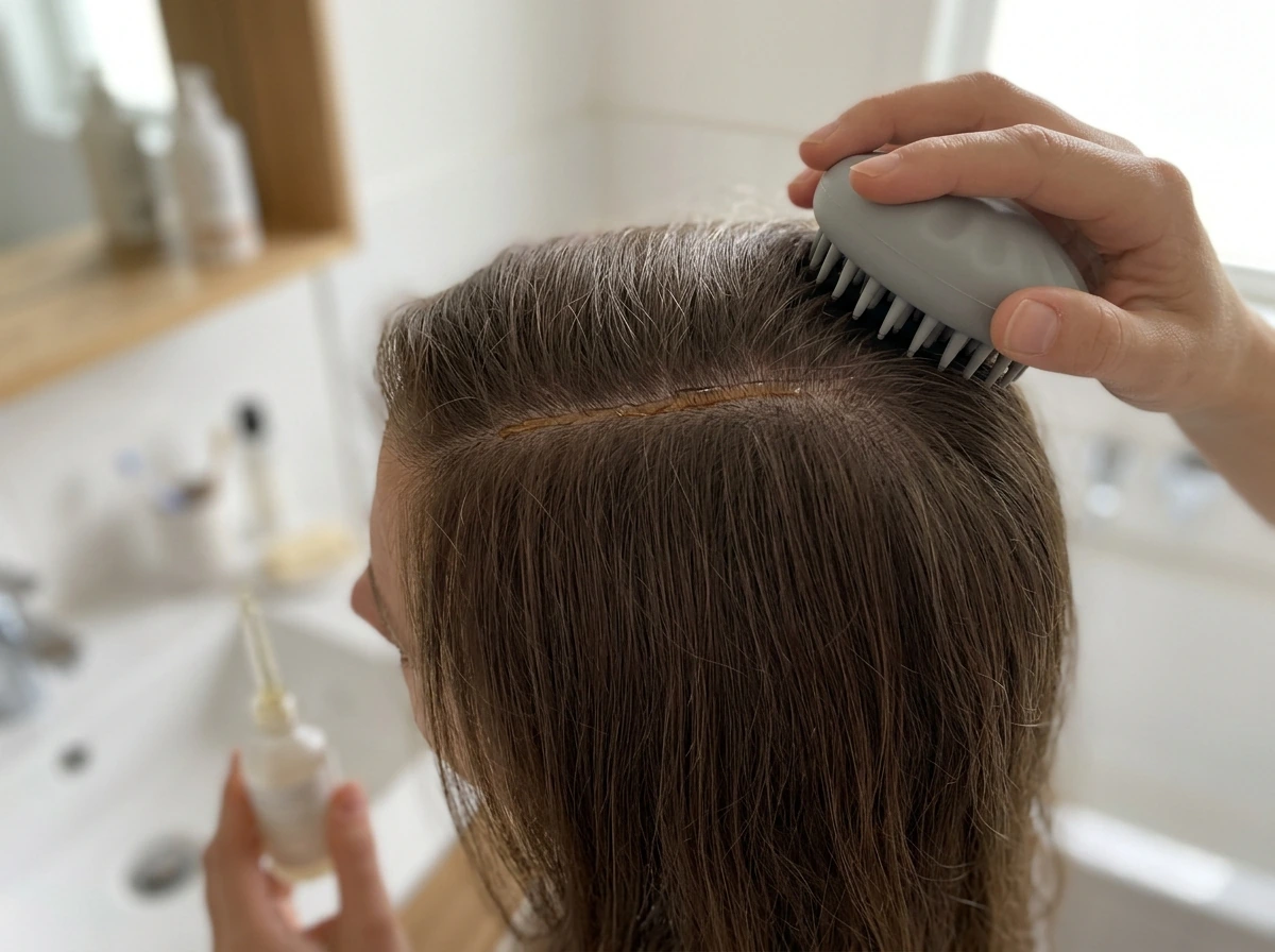 Scalp care routine using a scalp brush and diluted oil dropper