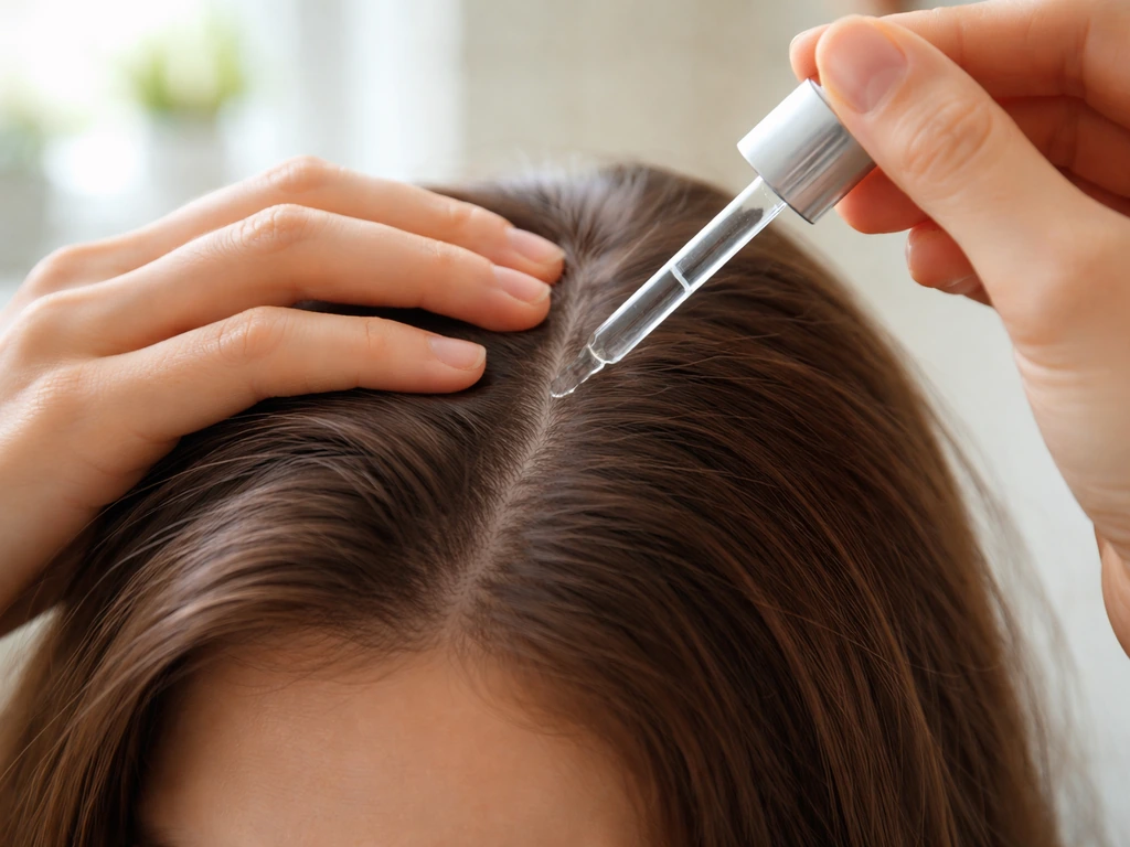 Hands part hair and apply lightweight serum to the scalp near the hairline in natural light.