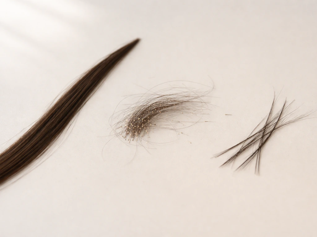 Three hair conditions shown together: intact long strand, shedding roots, and snapped broken ends on a light background.