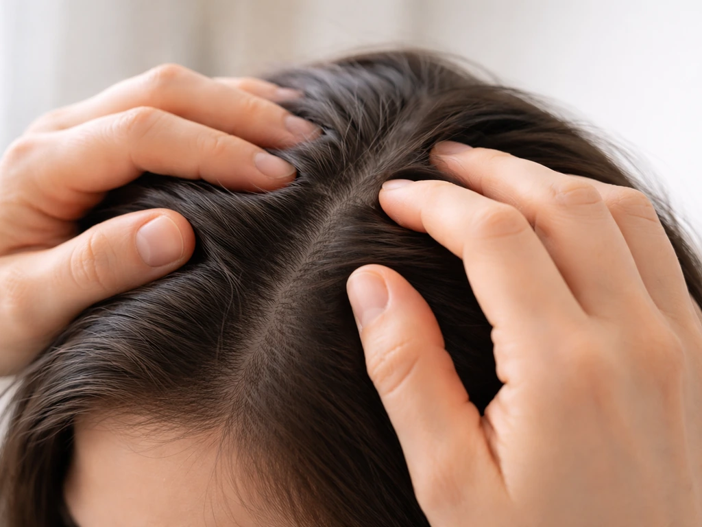 Close-up of fingertips gently massaging a person’s scalp over the crown in small circles.