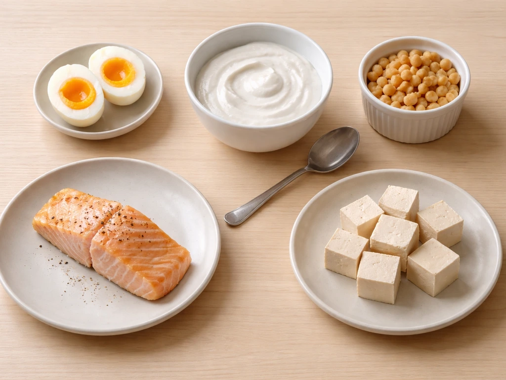 Flat-lay of protein-rich foods—eggs, Greek yogurt, fish, legumes, and tofu—arranged neatly on a table.